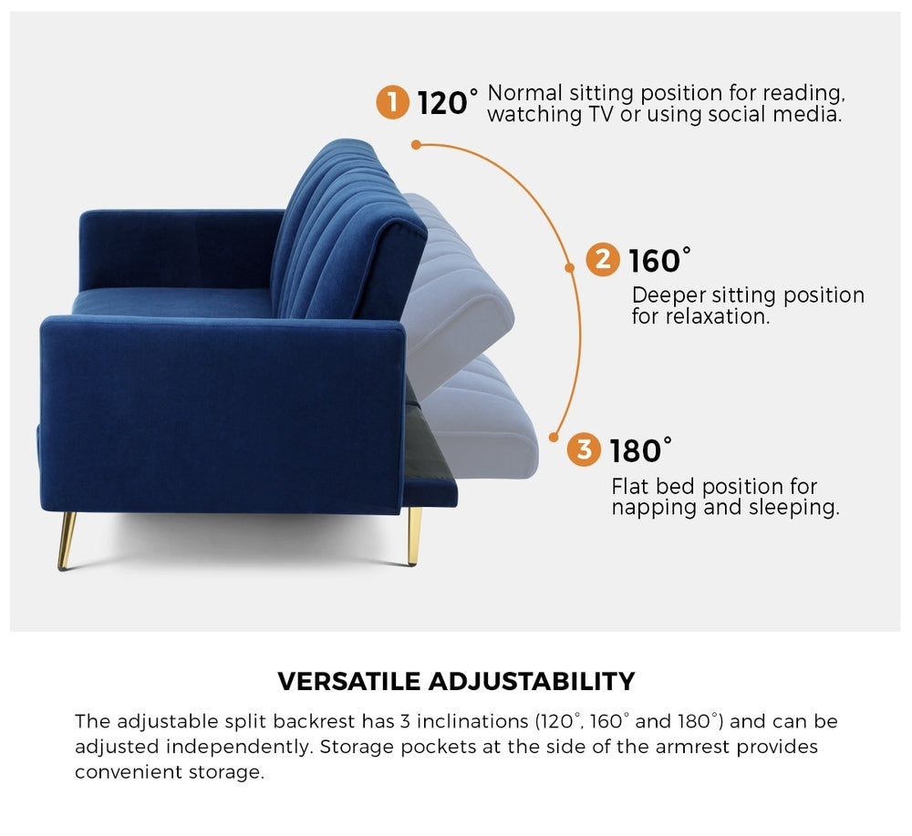 TRES 3 Seater Sofa Bed Velvet Blue Oikiture