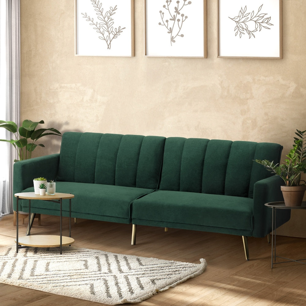 ABBY 3 Seater Sofa Bed Convertible Velvet Green Oikiture