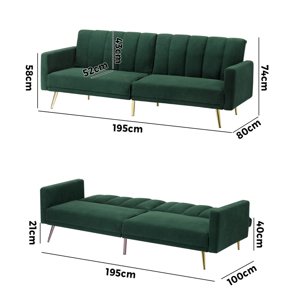 ABBY 3 Seater Sofa Bed Convertible Velvet Green Oikiture
