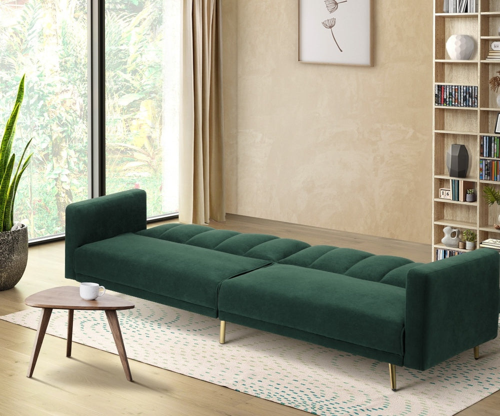 ABBY 3 Seater Sofa Bed Convertible Velvet Green Oikiture