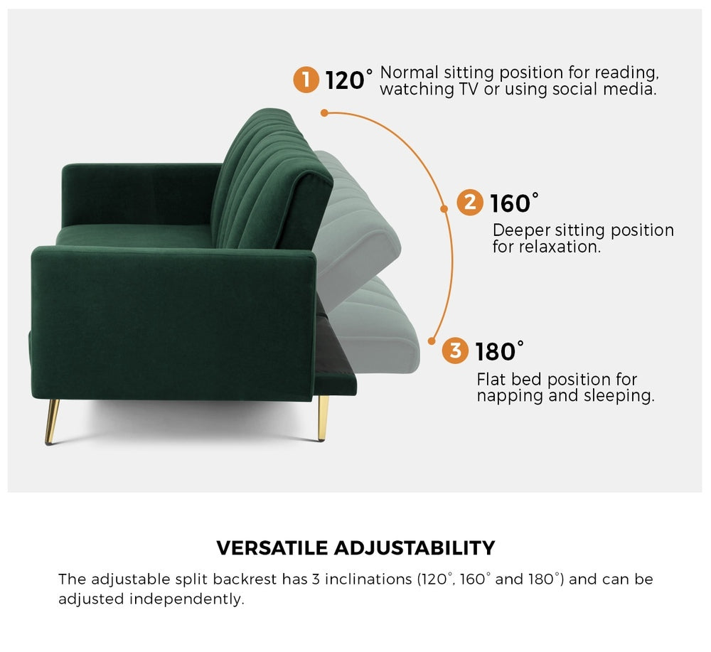 ABBY 3 Seater Sofa Bed Convertible Velvet Green Oikiture
