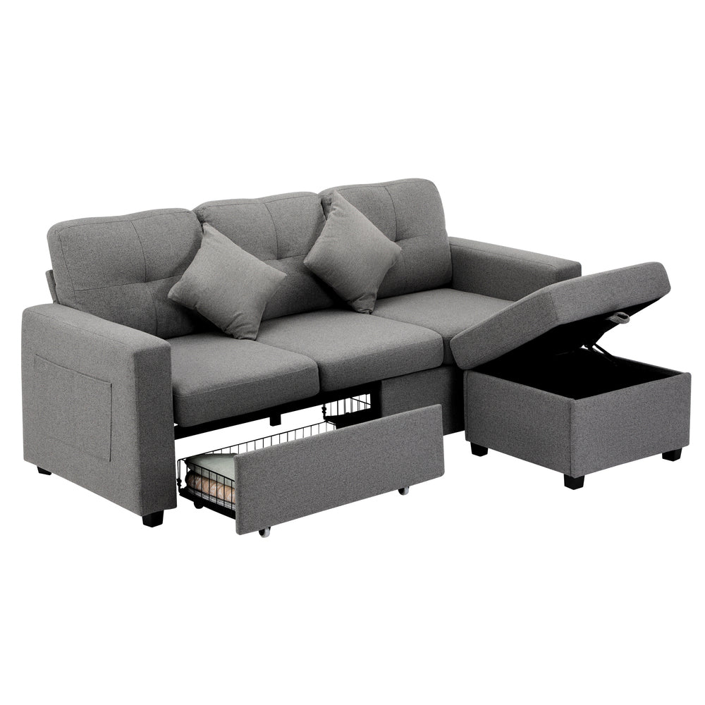 MEX 3 Seater Chaise Modular Couch Drawers Ottoman Fabric Oikiture