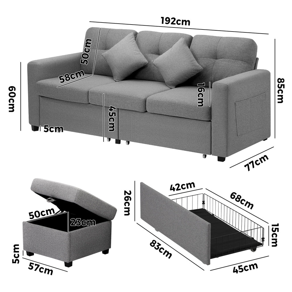MEX 3 Seater Chaise Modular Couch Drawers Ottoman Fabric Oikiture