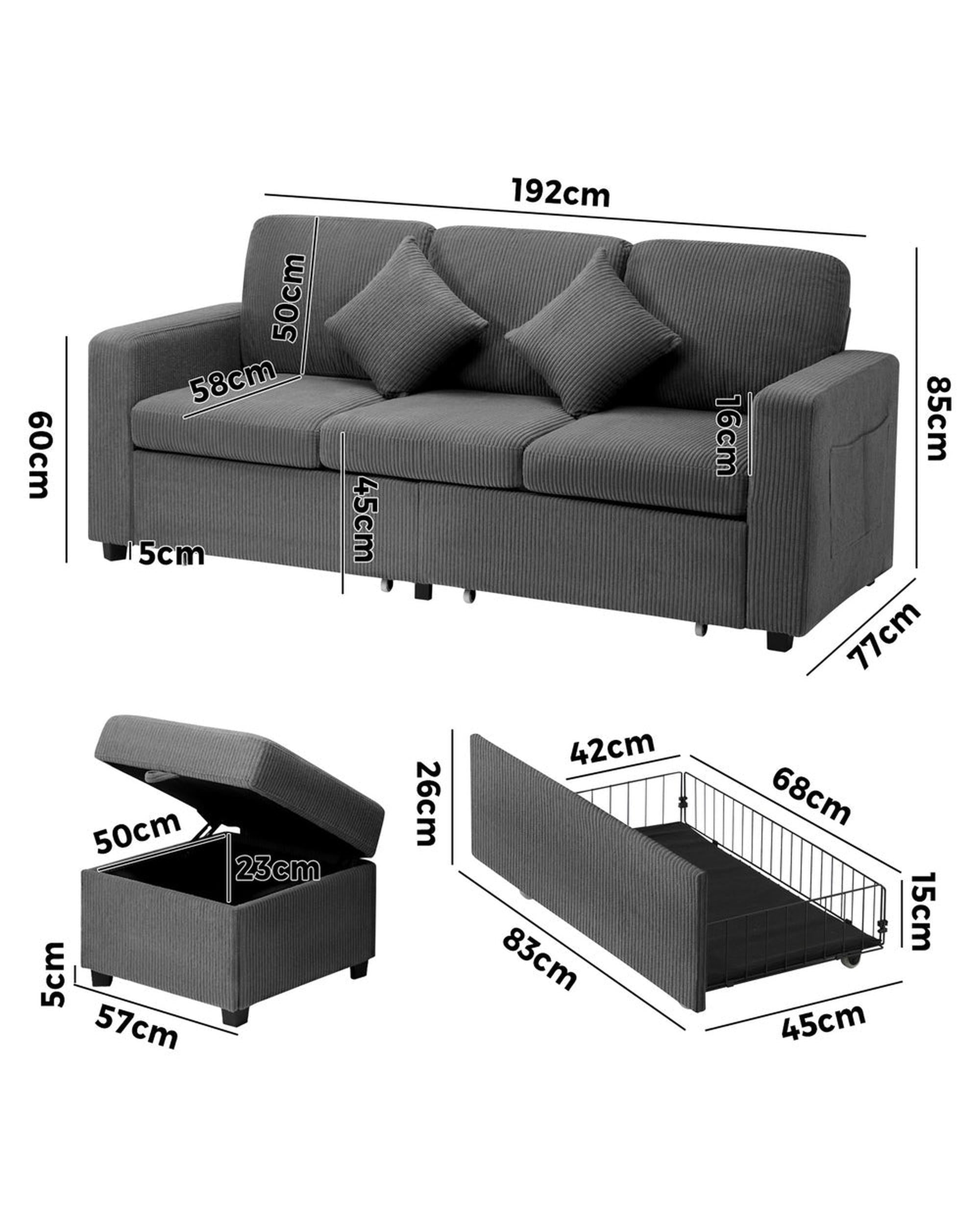 ITALI 3 Seater Sofa Modular Couch Drawers Ottoman Velvet Oikiture