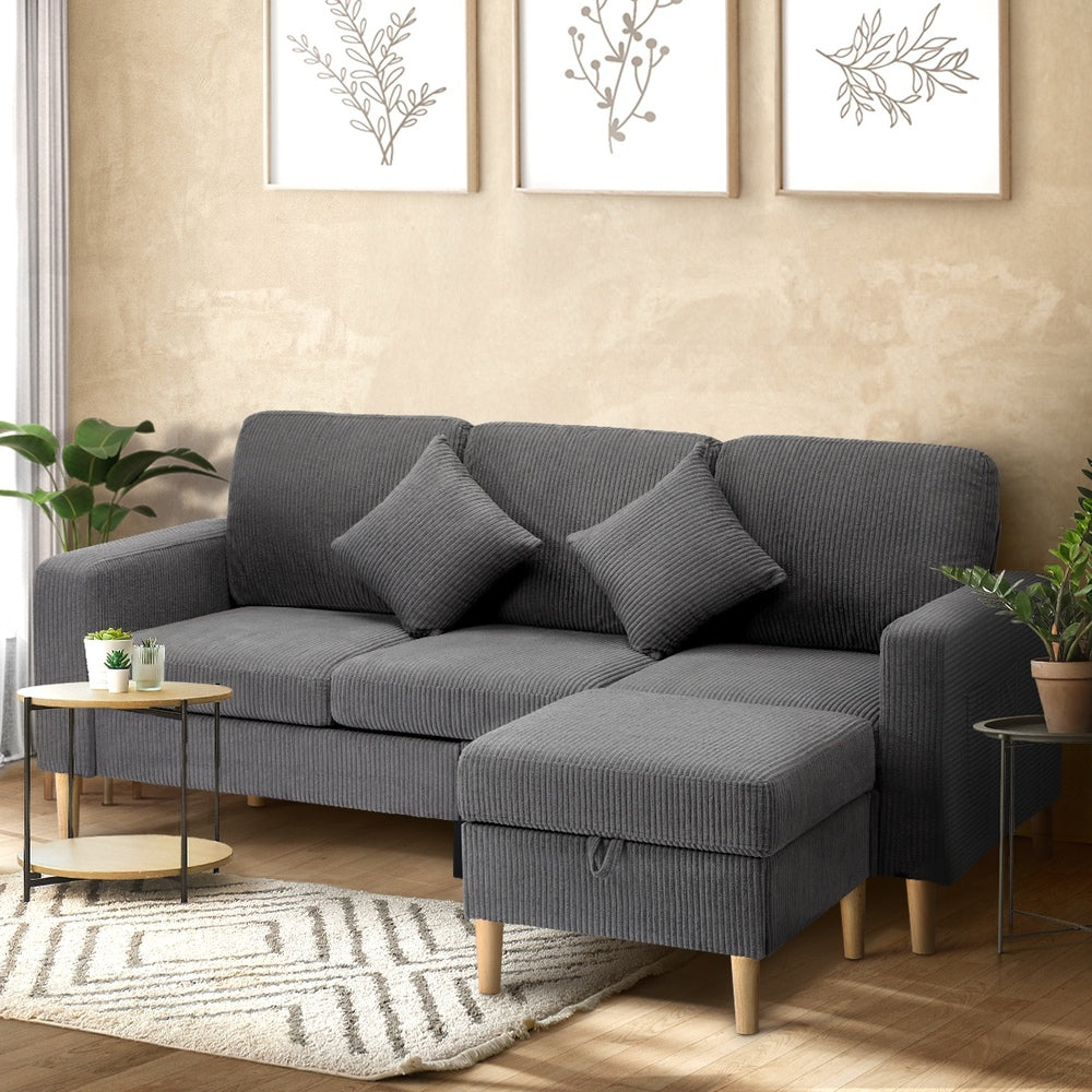 INDI 3 Seater Sofa with Ottoman Velvet Grey Oikiture