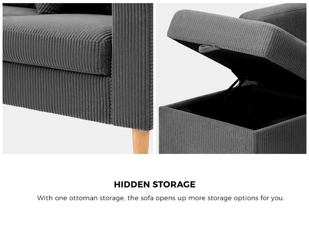 INDI 3 Seater Sofa with Ottoman Velvet Grey Oikiture