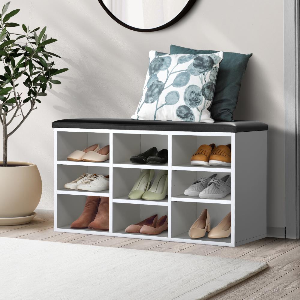 Daven Shoe Cabinet Bench Organiser Shoe Rack Storage Padded Seat Wooden Shelf Oikiture