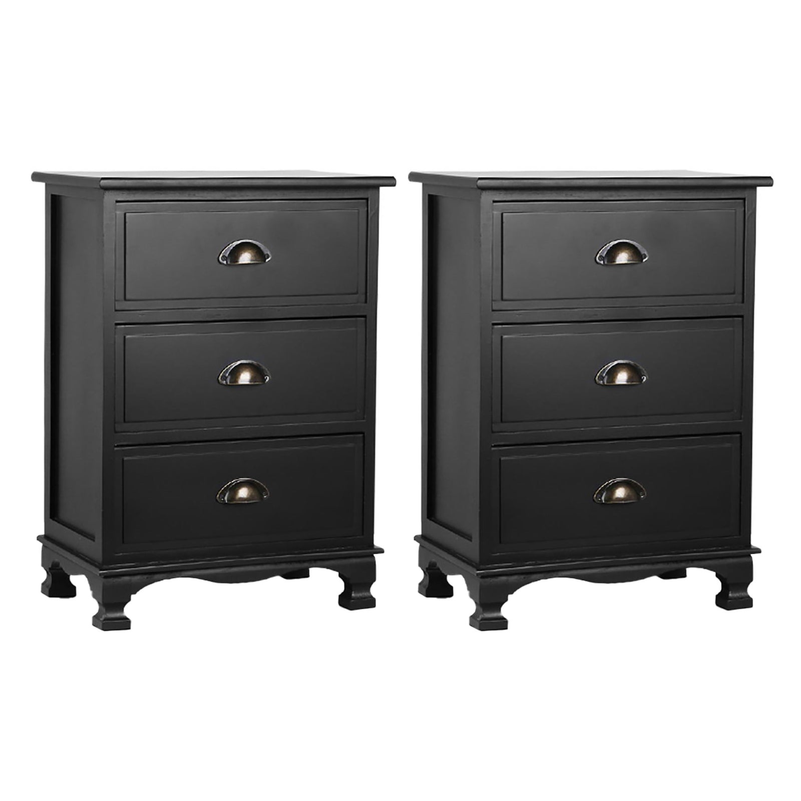 2x Bedside Table 3 Drawers Vintage - THYME Black Artiss