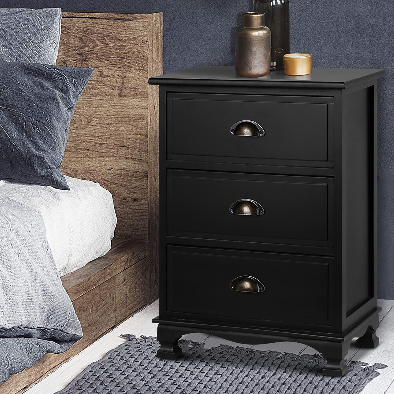 2x Bedside Table 3 Drawers Vintage - THYME Black Artiss