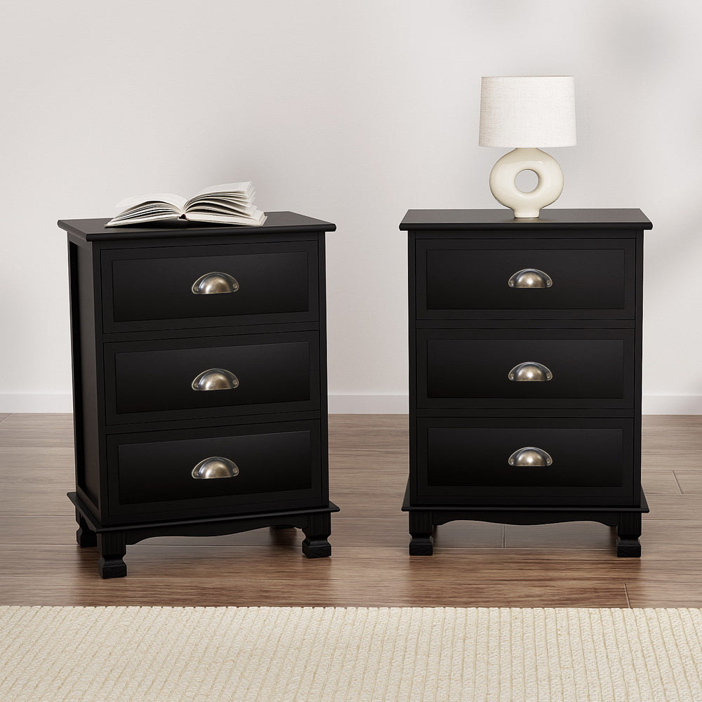 2x Bedside Table 3 Drawers Vintage - THYME Black Artiss