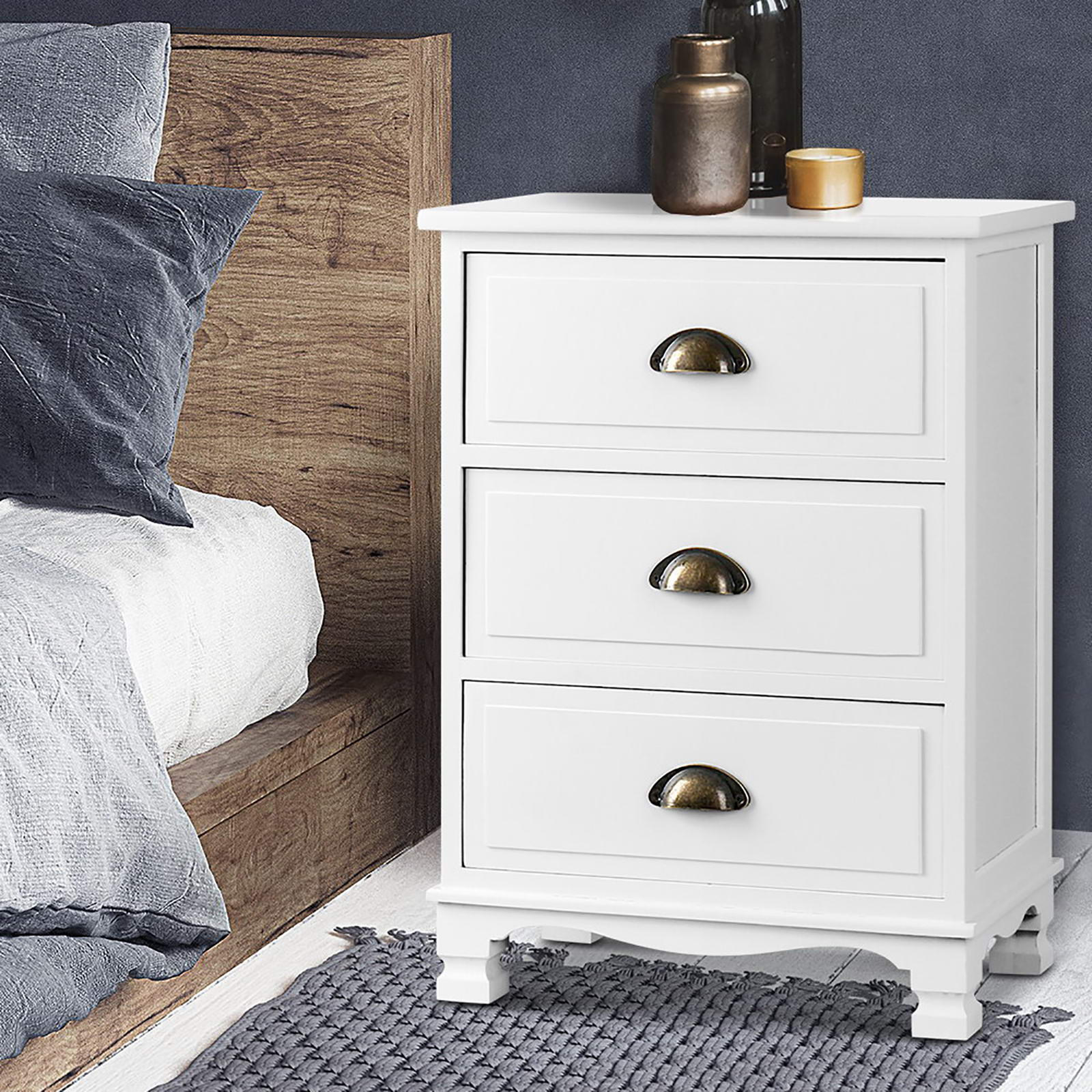 2x Bedside Table 3 Drawers Vintage - THYME White Artiss
