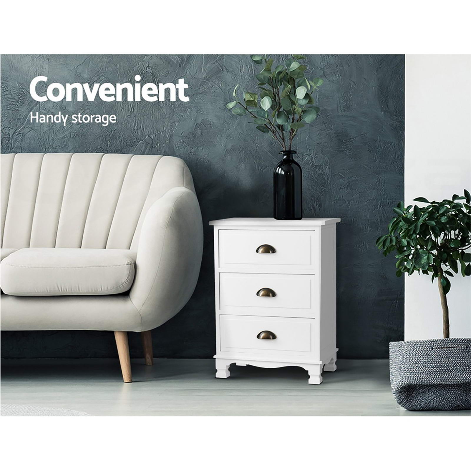 2x Bedside Table 3 Drawers Vintage - THYME White Artiss