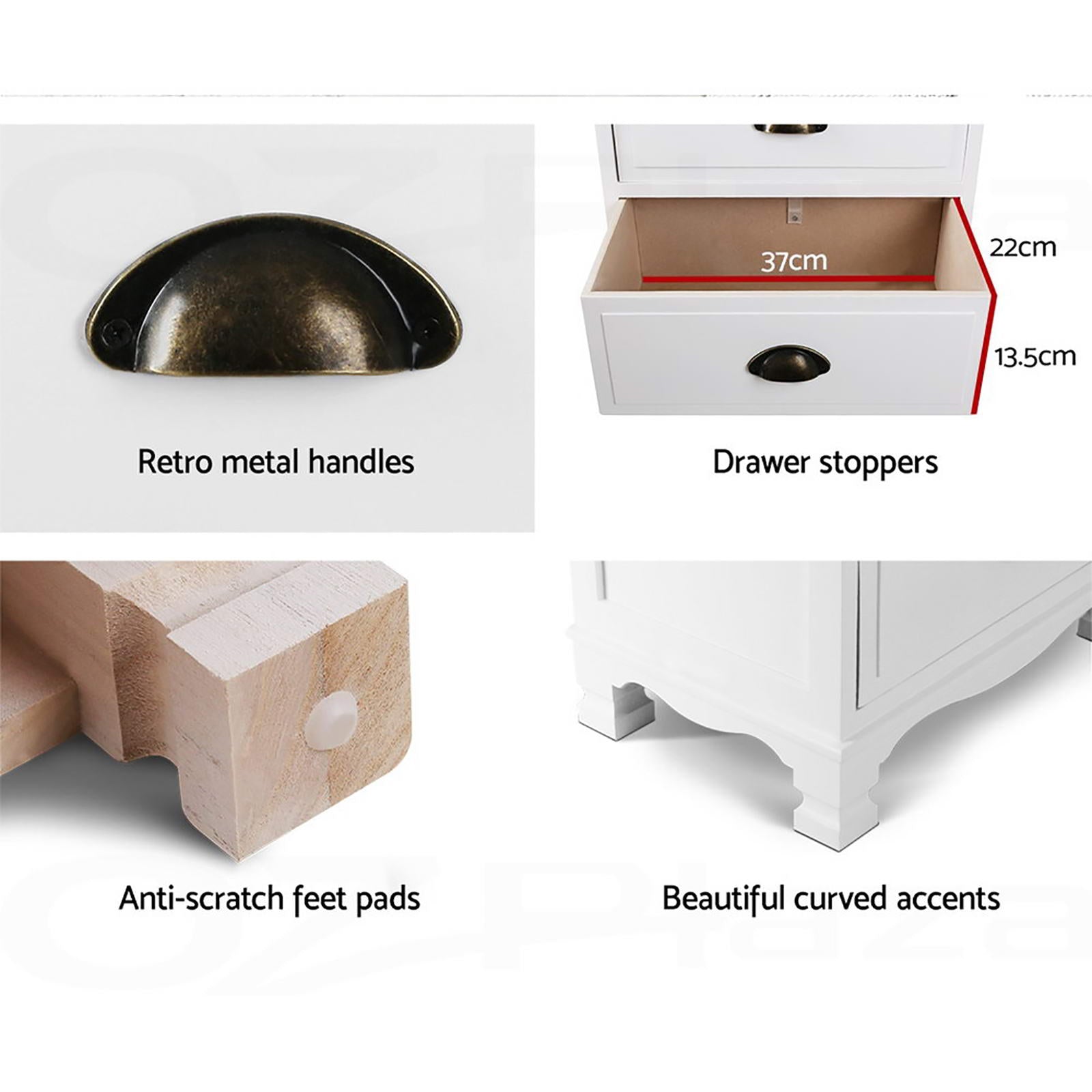 2x Bedside Table 3 Drawers Vintage - THYME White Artiss