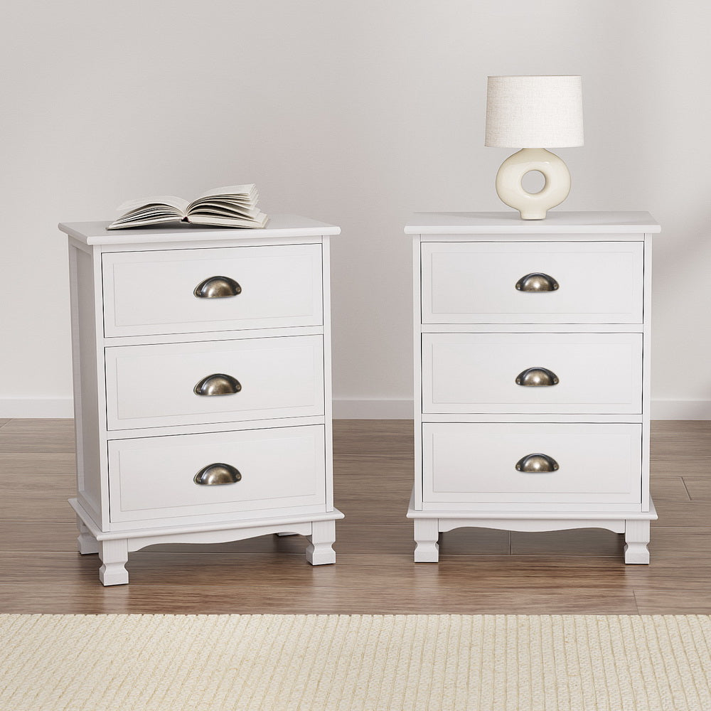 2x Bedside Table 3 Drawers Vintage - THYME White Artiss