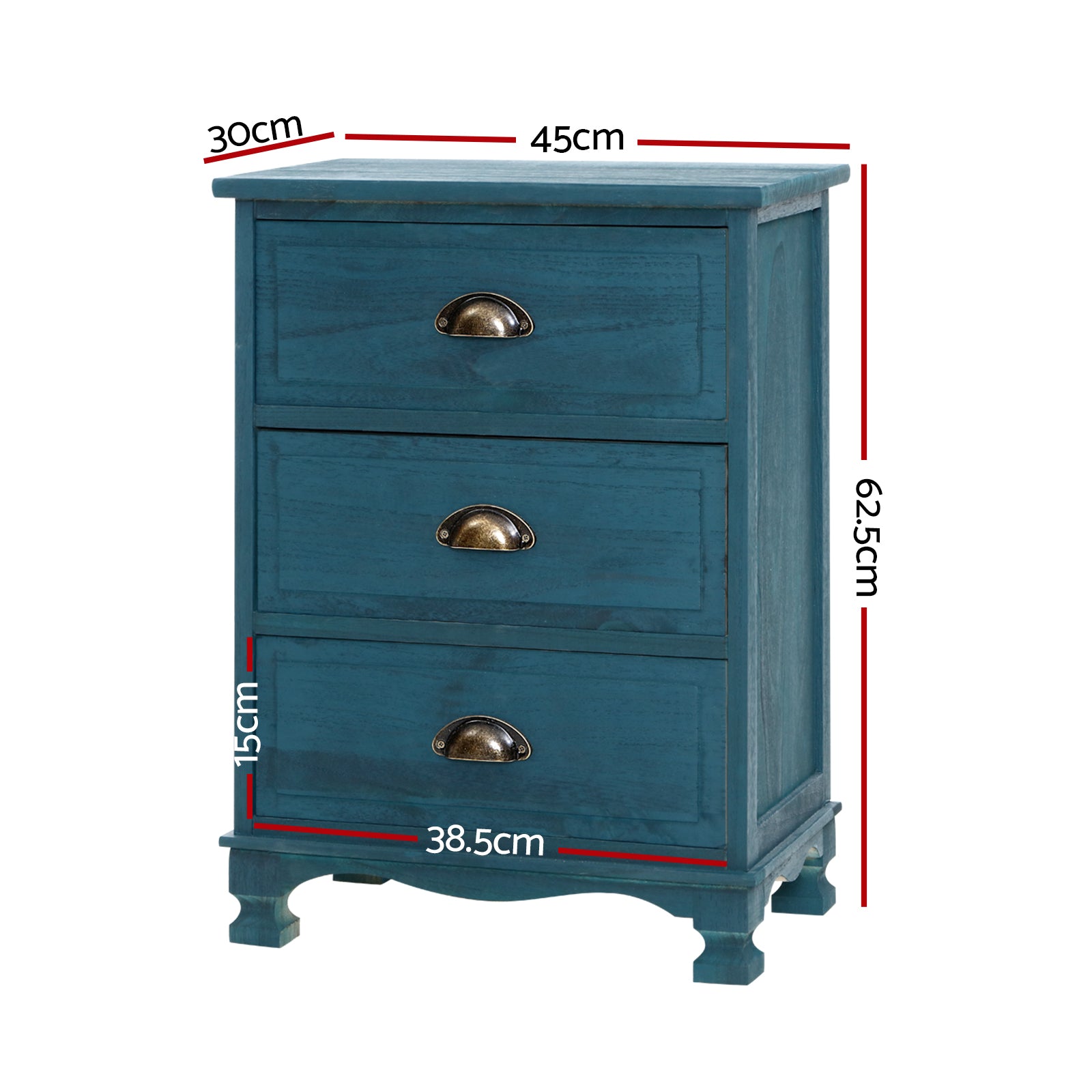 2x Bedside Table 3 Drawers Vintage - THYME Blue Artiss