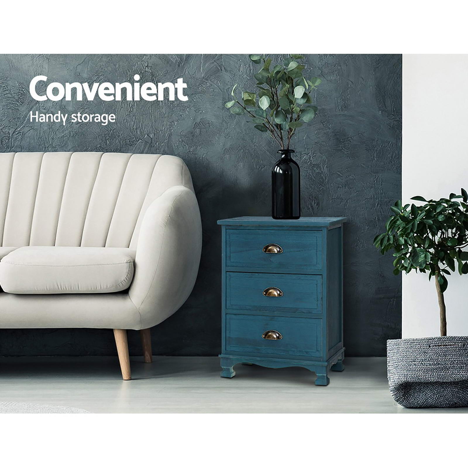 2x Bedside Table 3 Drawers Vintage - THYME Blue Artiss