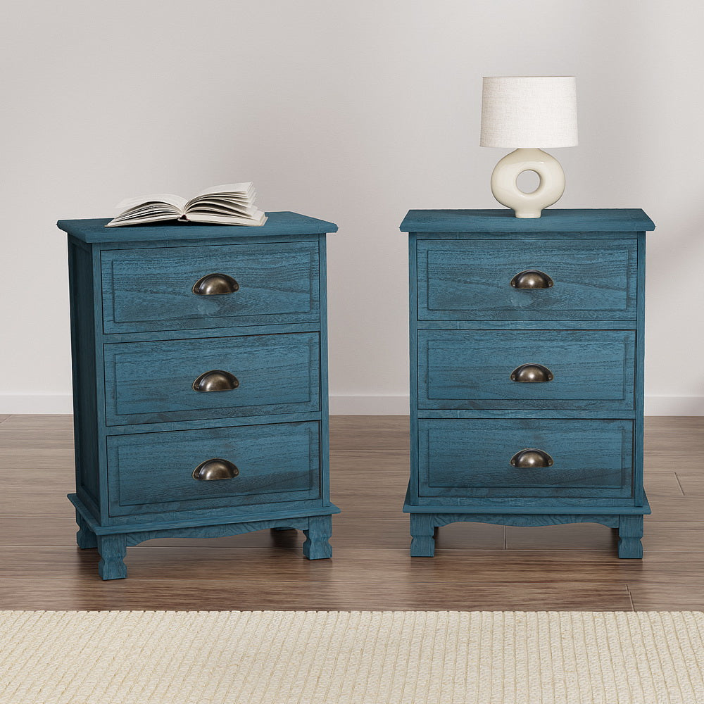 2x Bedside Table 3 Drawers Vintage - THYME Blue Artiss