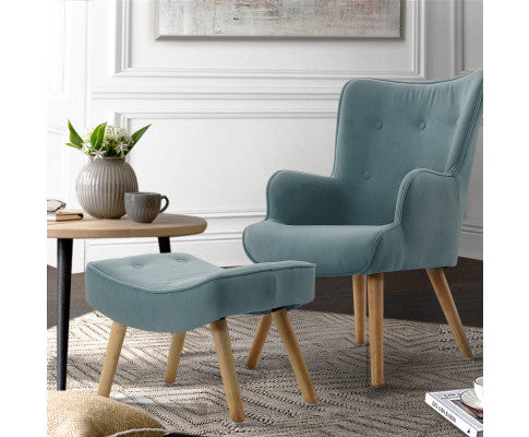 Armchair Set with Ottoman Blue Lansar Artiss