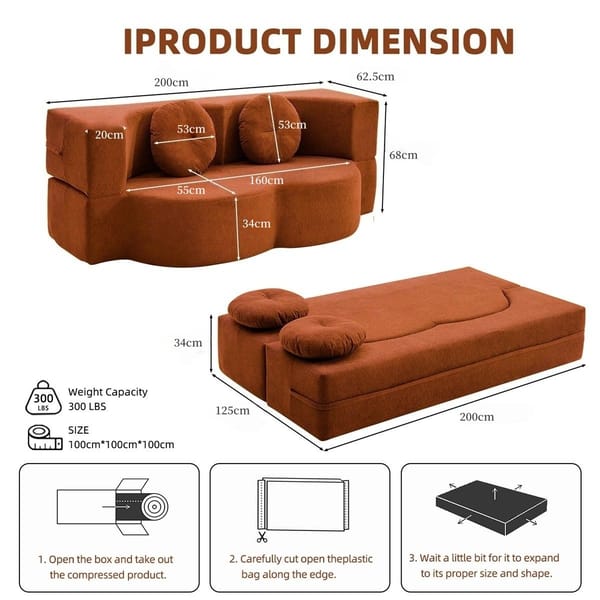Loft Convertible Folding Sofa Bed / Plush Corduroy Loveseat Couch - Orange
