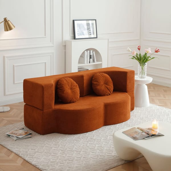 Loft Convertible Folding Sofa Bed / Plush Corduroy Loveseat Couch - Orange