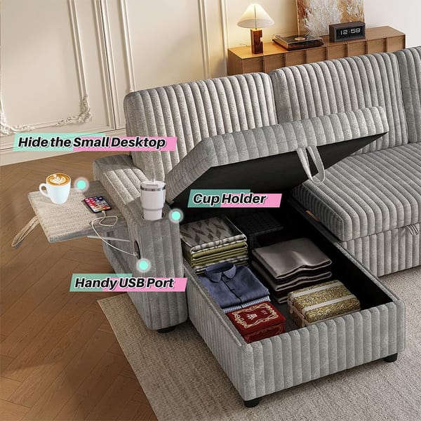 Loft Oversized U Shaped Plush Corduroy Fluffy Sectional Sleeper Sofa - Grey