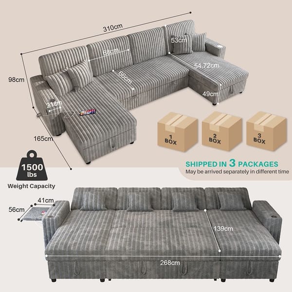 Loft Oversized U Shaped Plush Corduroy Fluffy Sectional Sleeper Sofa - Grey