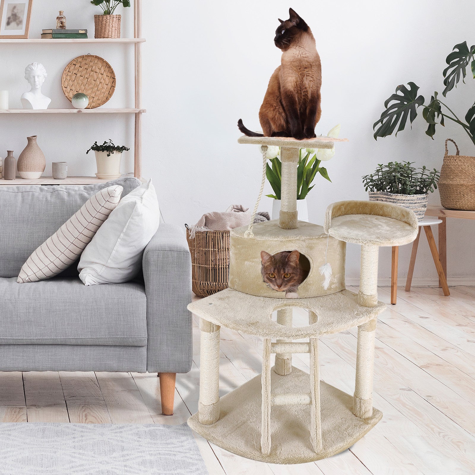 4Paws Cat Tree Scratching Post House Furniture Bed Luxury Plush Play 120cm - Beige Big Bedding Australia