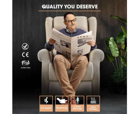 FORTIA Electric Recliner Lift Heat Chair for Elderly, Massage, Heat Therapy, Aged Care, Beige FORTIA