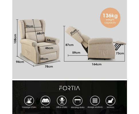 FORTIA Electric Recliner Lift Heat Chair for Elderly, Massage, Heat Therapy, Aged Care, Beige FORTIA