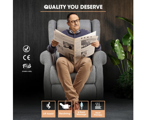 FORTIA Electric Recliner Lift Heat Chair for Elderly, Massage, Heat Therapy, Aged Care, Grey FORTIA