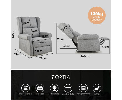 FORTIA Electric Recliner Lift Heat Chair for Elderly, Massage, Heat Therapy, Aged Care, Grey FORTIA