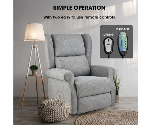 FORTIA Electric Recliner Lift Heat Chair for Elderly, Massage, Heat Therapy, Aged Care, Grey FORTIA