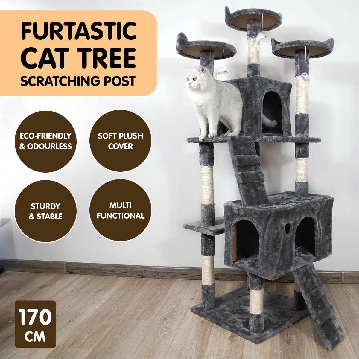 Furtastic 170cm Cat Tree Scratching Post - Dark Grey Big Bedding Australia