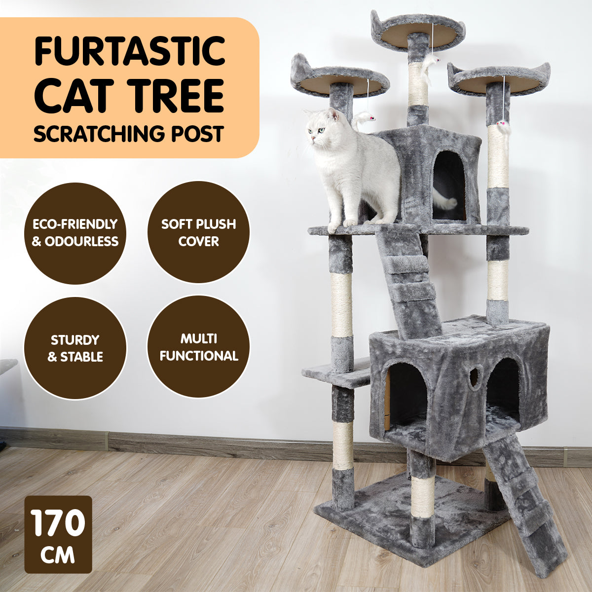 Furtastic 170cm Cat Tree Scratching Post - Silver Grey Big Bedding Australia