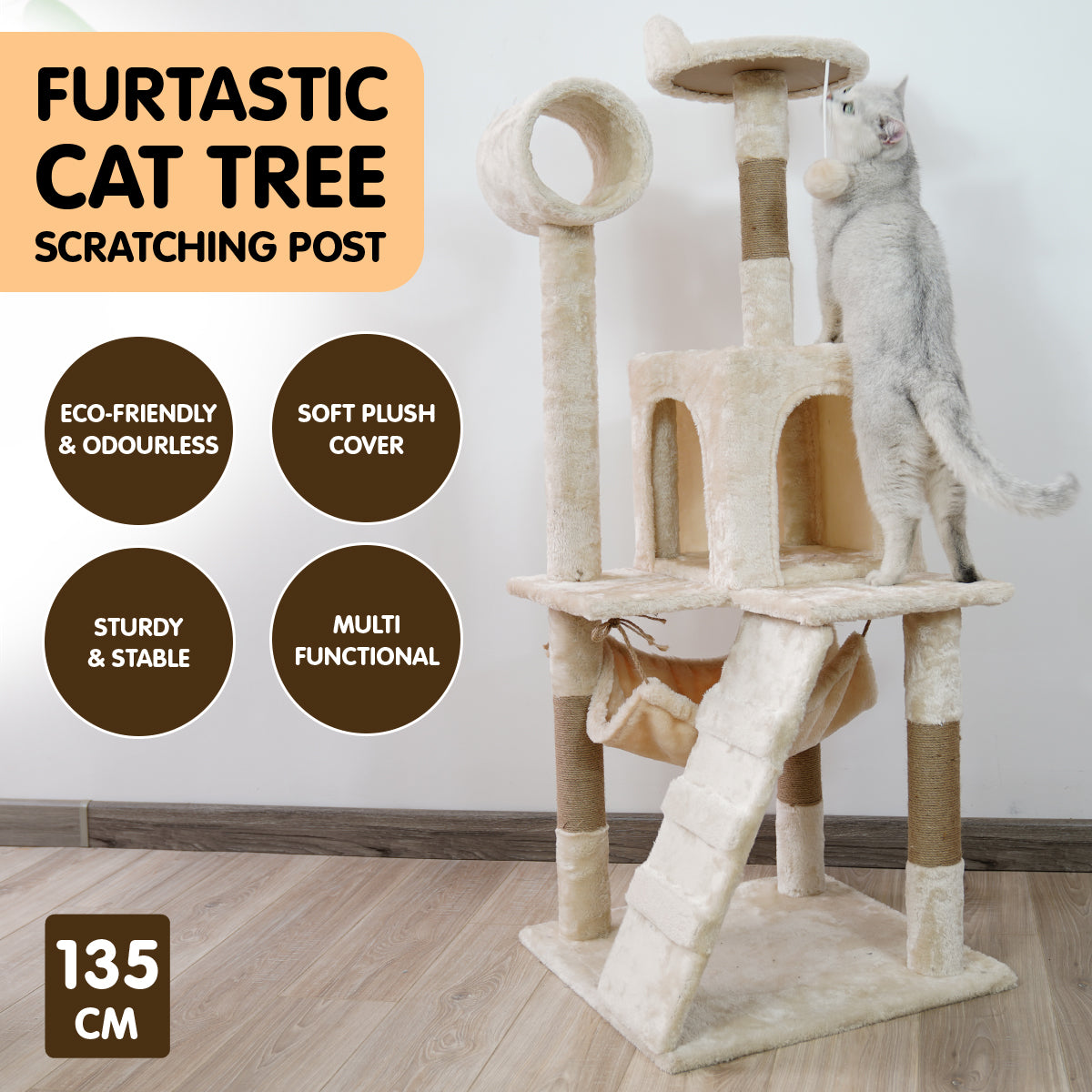 Furtastic 135cm Cat Tree Scratching Post - Beige Big Bedding Australia