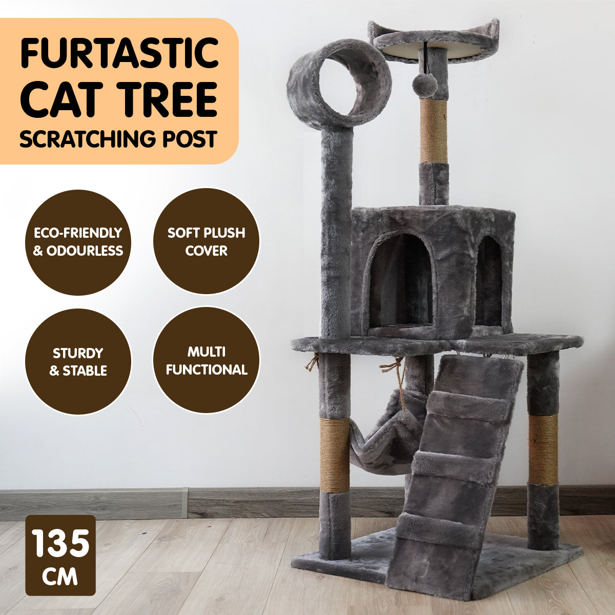 Furtastic 135cm Cat Tree Scratching Post - Dark Grey Big Bedding Australia