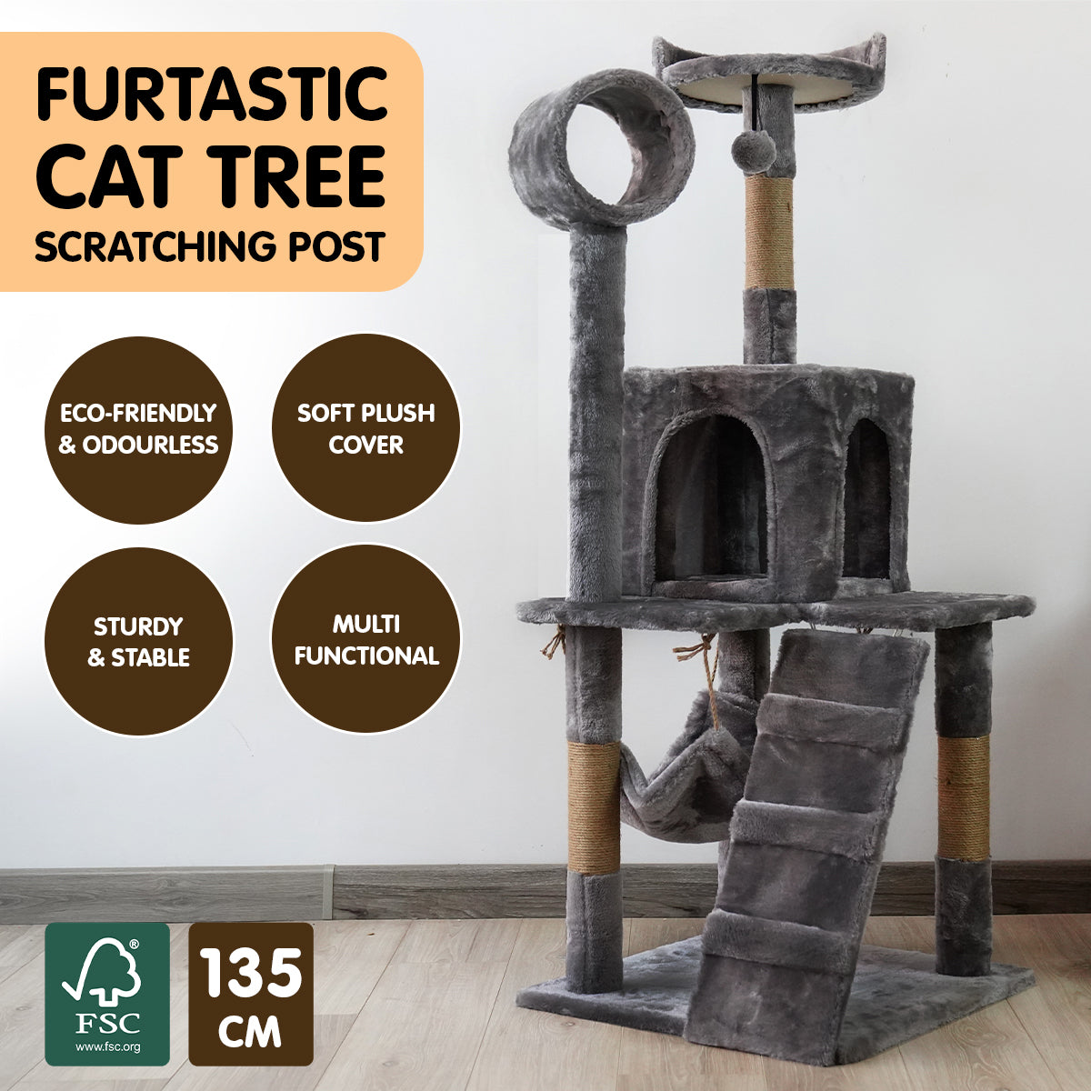 Furtastic 135cm Cat Tree Scratching Post - Dark Grey Big Bedding Australia