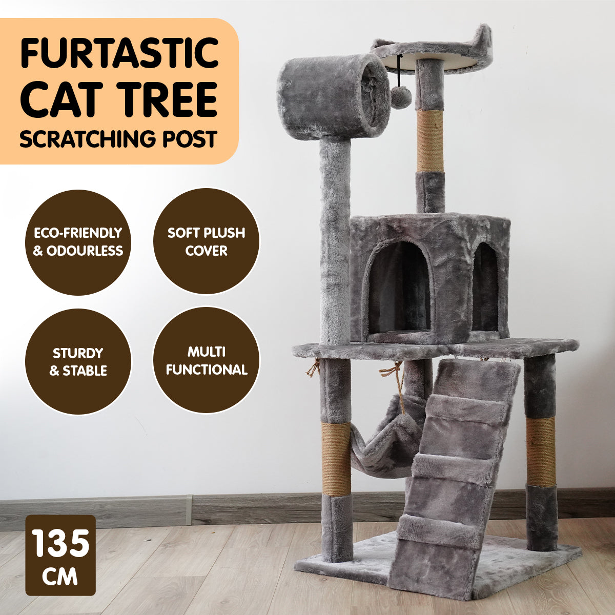Furtastic 135cm Cat Tree Scratching Post - Silver Grey Big Bedding Australia