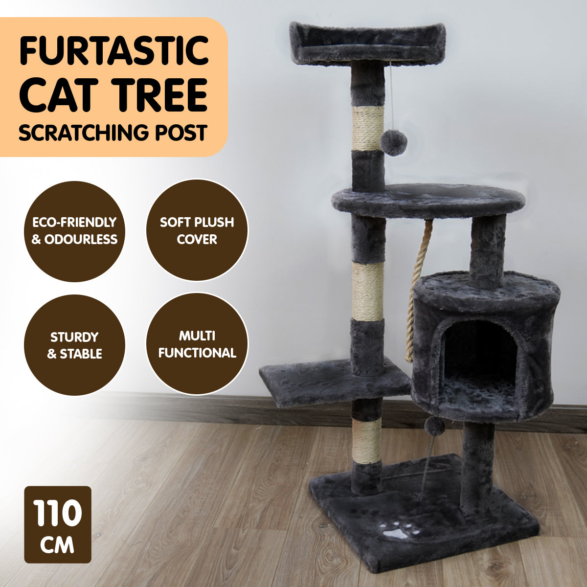 Furtastic 110cm Cat Tree Scratching Post - Dark Grey Big Bedding Australia