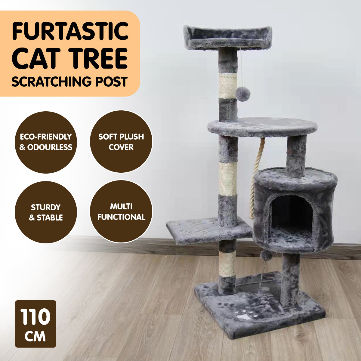 Furtastic 110cm Cat Tree Scratching Post - Silver Grey Big Bedding Australia
