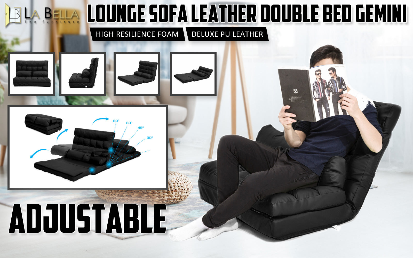 Lounge Couch Sofa Bed Double Seat Leather GEMINI BLACK La Bella
