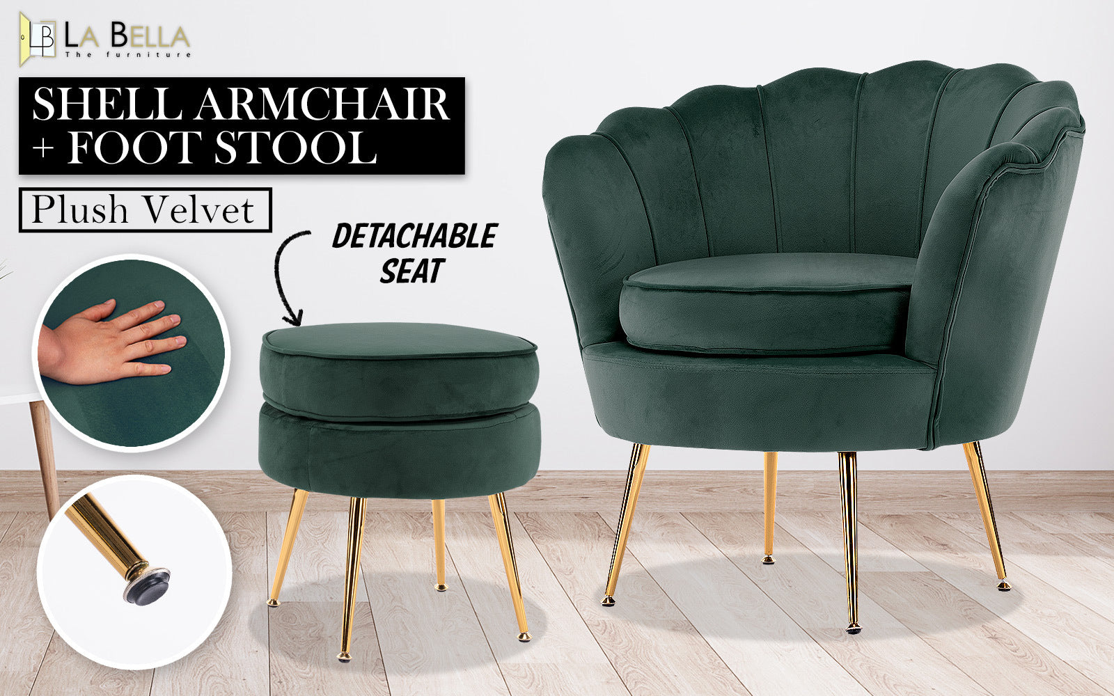 Armchair Lounge Chair Accent Velvet Shell Scallop + Ottoman Footstool Round GREEN Big Bedding Australia