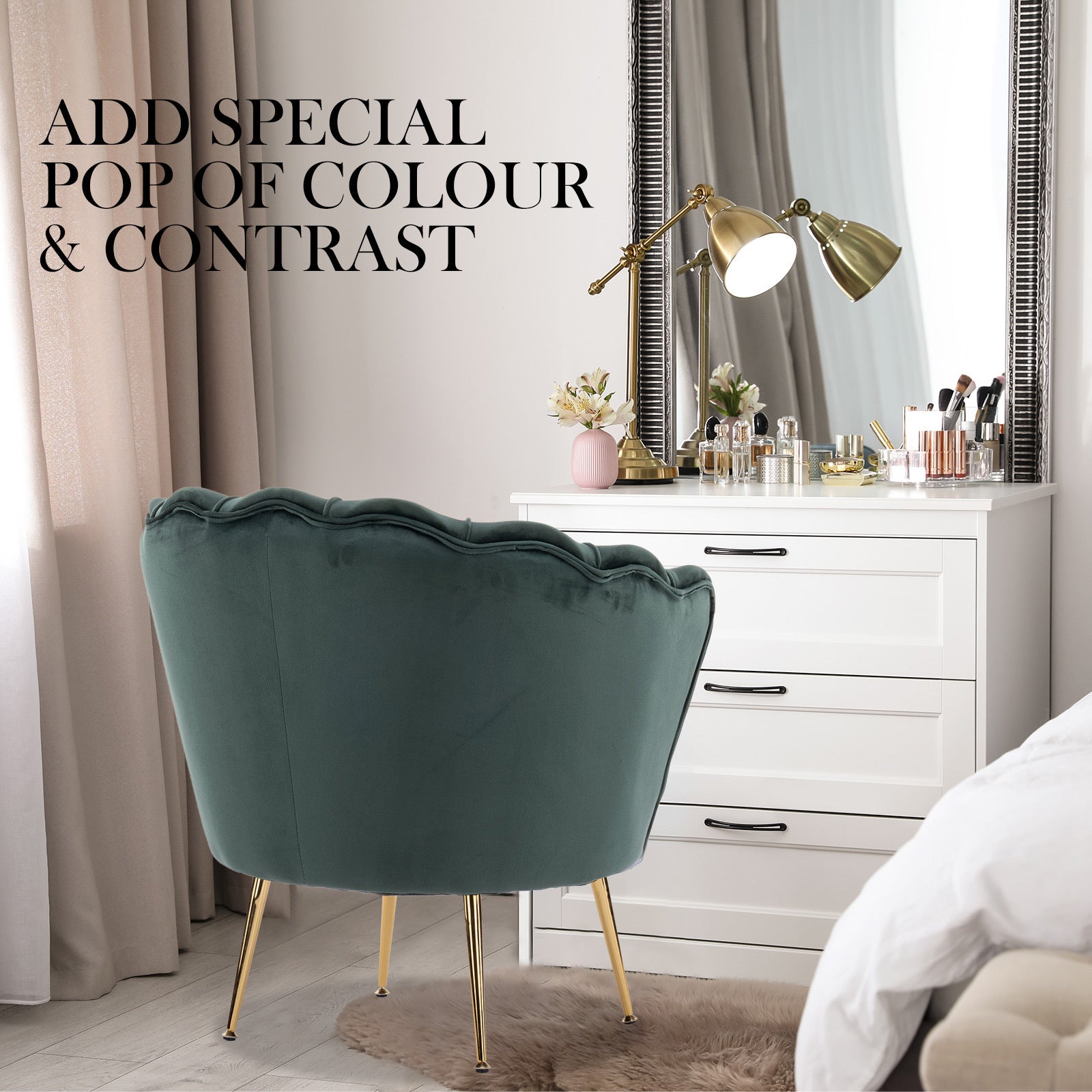 Armchair Lounge Chair Accent Velvet Shell Scallop + Ottoman Footstool Round GREEN Big Bedding Australia