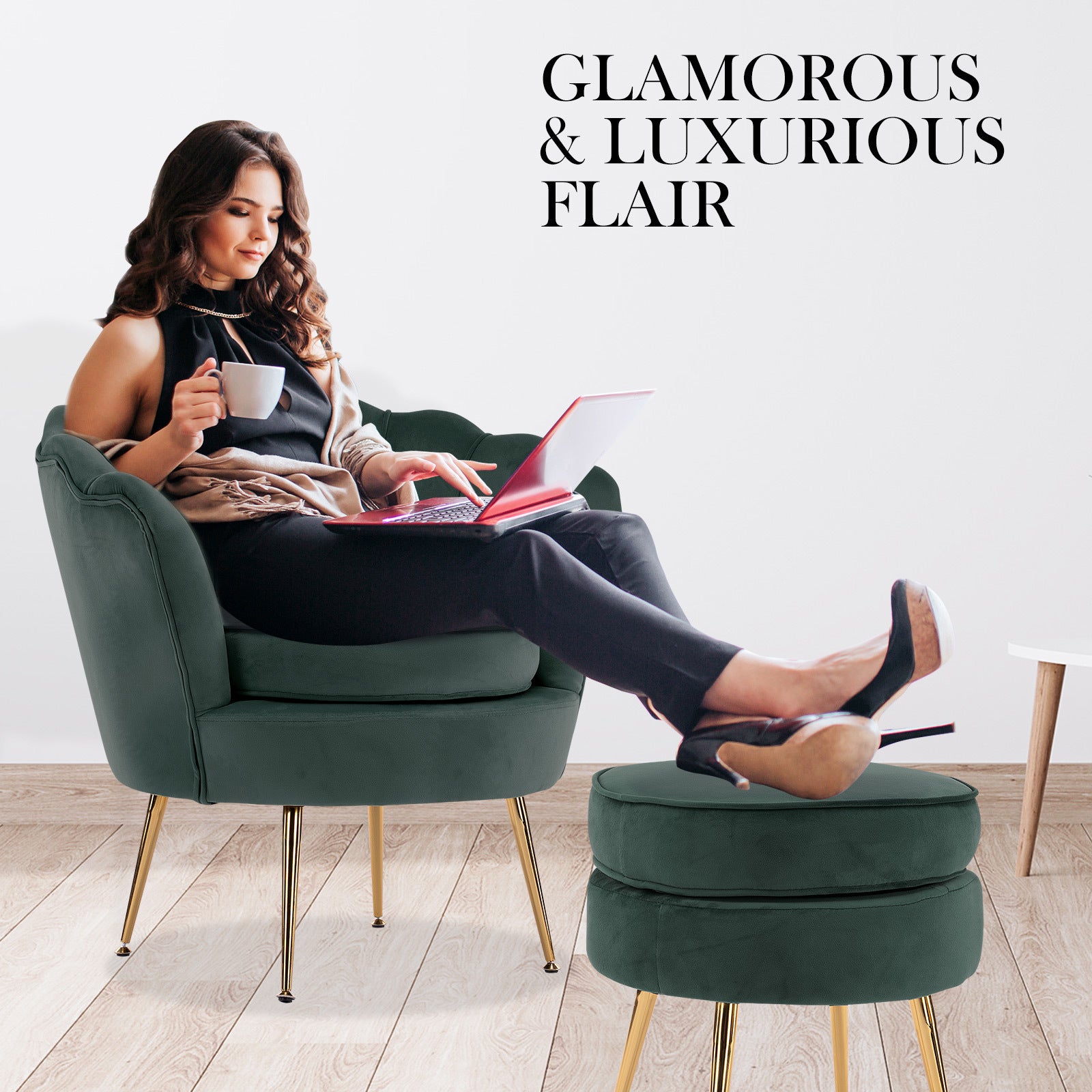 Armchair Lounge Chair Accent Velvet Shell Scallop + Ottoman Footstool Round GREEN Big Bedding Australia