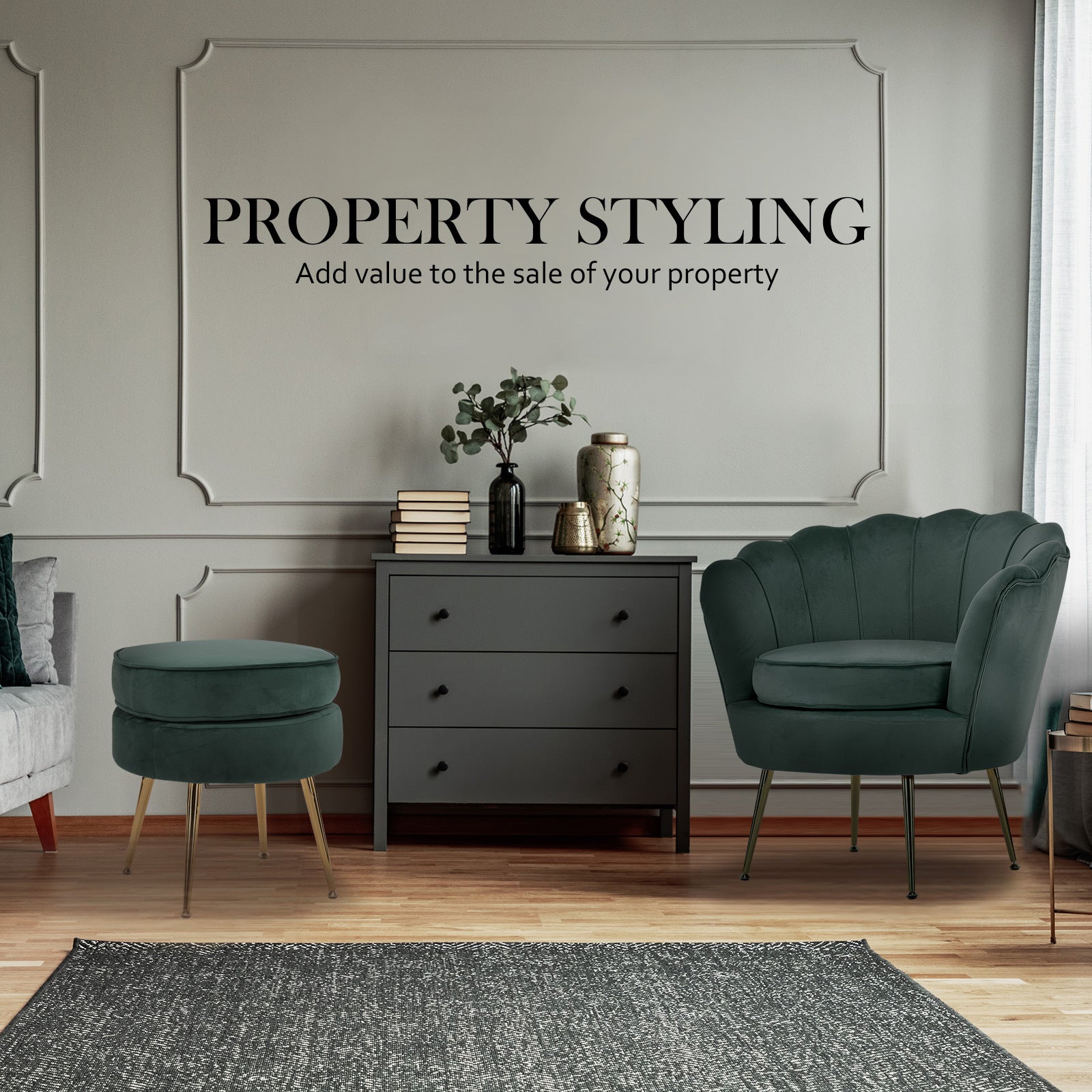 Armchair Lounge Chair Accent Velvet Shell Scallop + Ottoman Footstool Round GREEN Big Bedding Australia