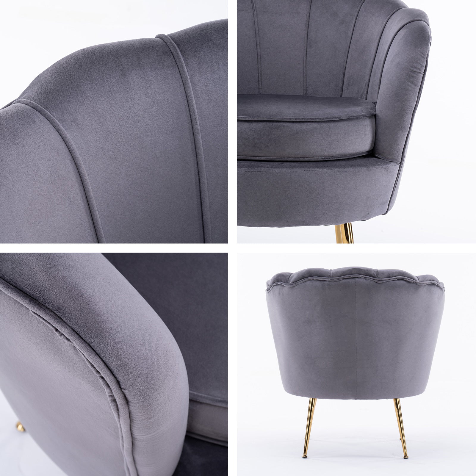 Armchair Lounge Chair Accent Velvet Shell Scallop + Ottoman Footstool Round GREY Big Bedding Australia