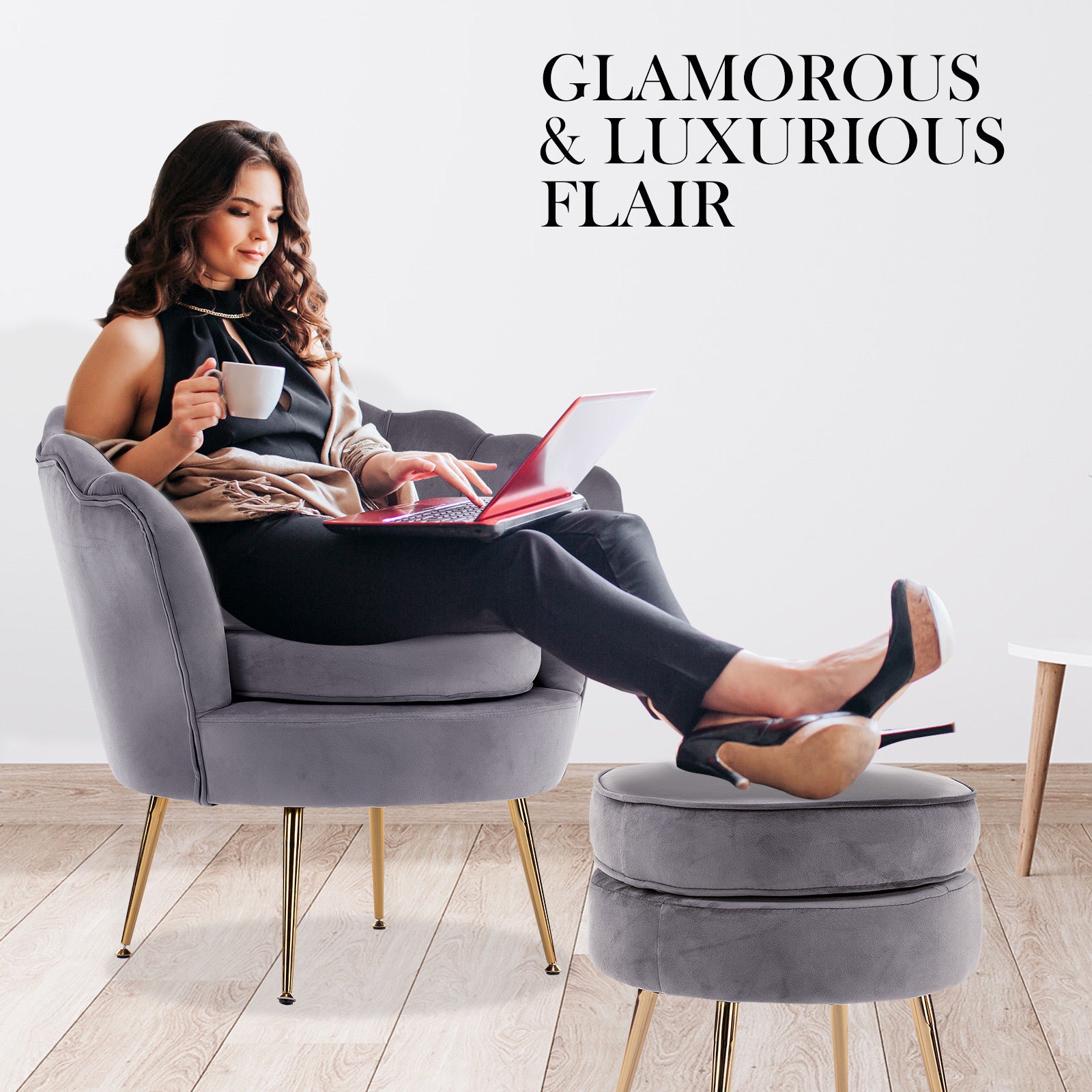 Armchair Lounge Chair Accent Velvet Shell Scallop + Ottoman Footstool Round GREY Big Bedding Australia