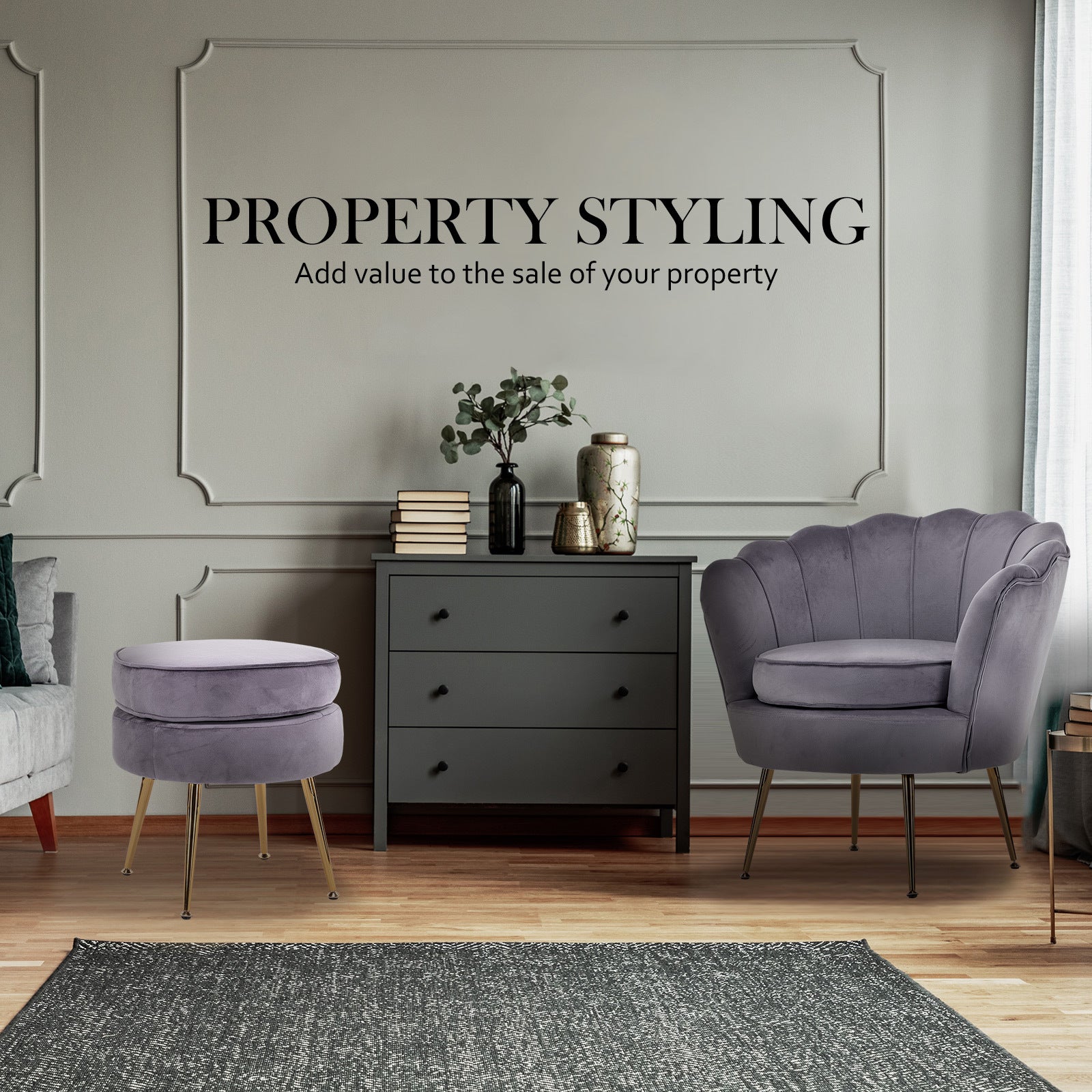 Armchair Lounge Chair Accent Velvet Shell Scallop + Ottoman Footstool Round GREY Big Bedding Australia