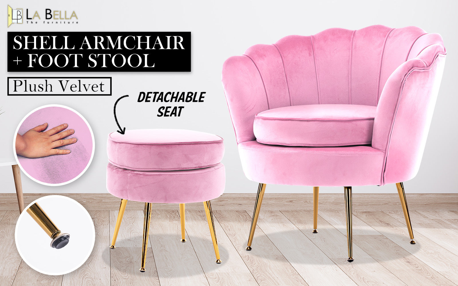 Armchair Lounge Chair Accent Velvet Shell Scallop + Round Ottoman Footstool PINK Big Bedding Australia