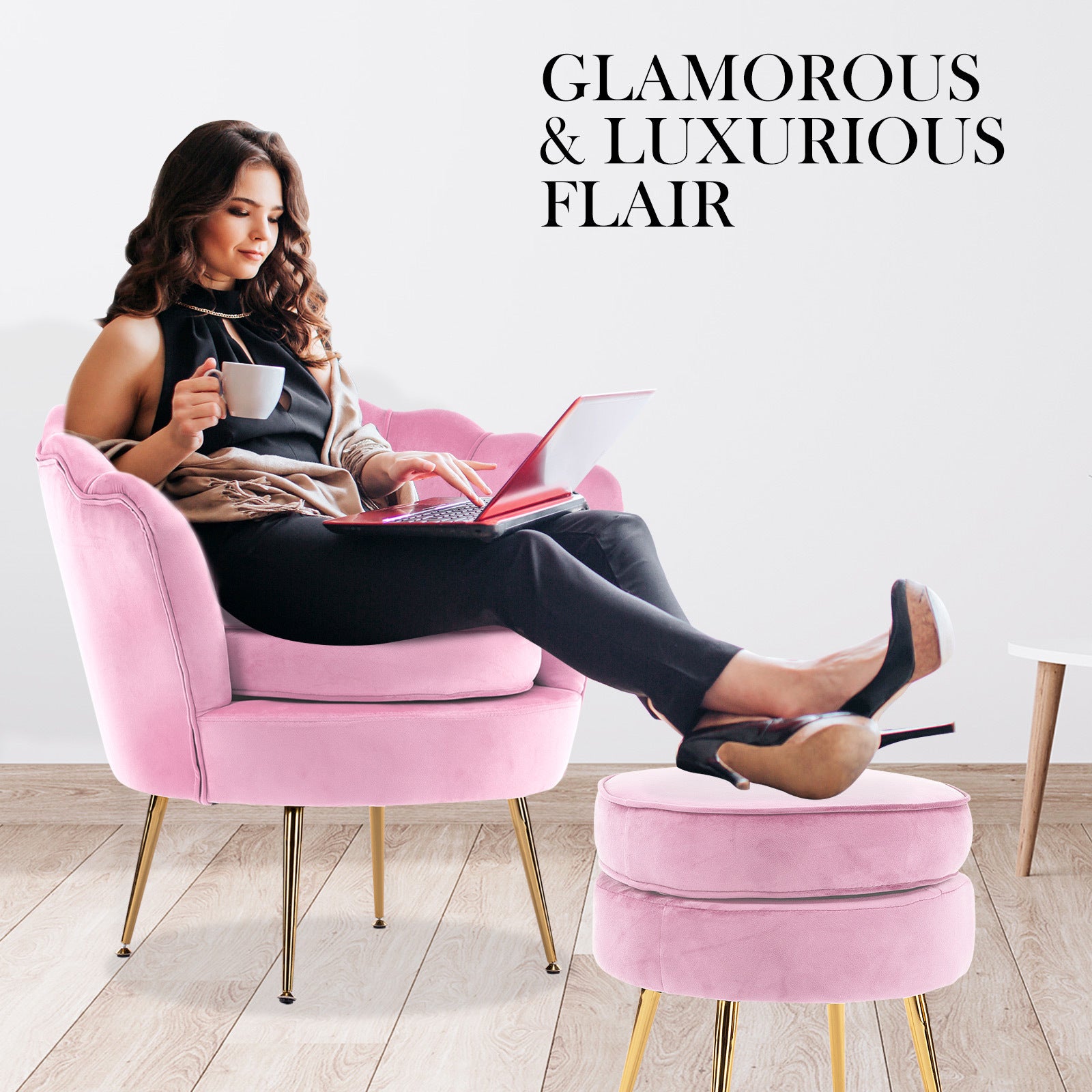 Armchair Lounge Chair Accent Velvet Shell Scallop + Round Ottoman Footstool PINK Big Bedding Australia